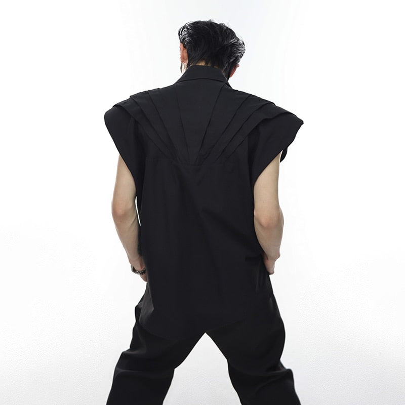 New Pleated Shoulder Pad Men's Vests Metal Zipper Fashion Casual Sleeveless Tops Solid Color Niche Design Clothing