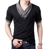 New Plus Size Summer Mens T-Shirts Fashion Slim Short Sleeve Patchwork V Neck Cotton Black T Shirt Men Button Tops & Tees
