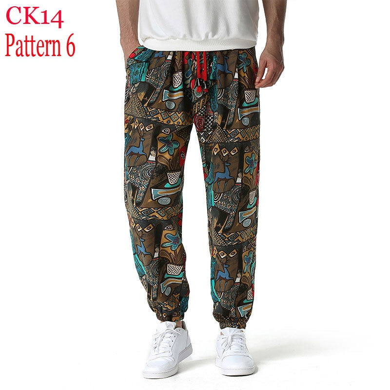 Fashion Traditional Nation Print Cotton Linen Joggers Pants Men Hip Hop Harem Trousers Mens Hippie Casual Streetwear Sweatpants