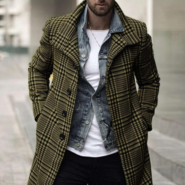 Coat Men New Autumn Winter Fashion Lattice Lapel Long Sleeve Single Breasted Casual Design Simplicity Western Style