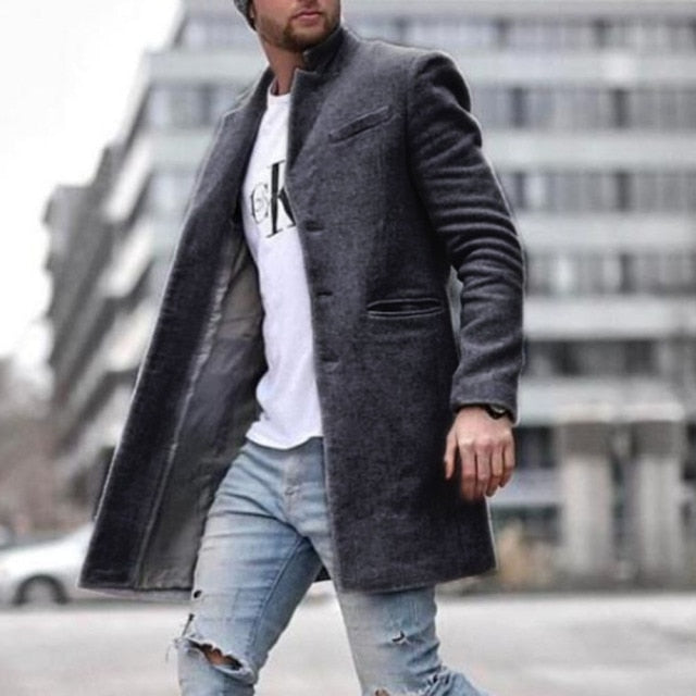 Autumn Winter New Fashion Men Solid Color Woolen Coat Keep Warm Pocket Lapel Long Sleeve Temperament Single Breasted