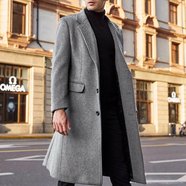 Autumn Winter New Fashion Windbreaker Men Solid Color Lapel Long Sleeve Temperament Woolen Coat Western Style