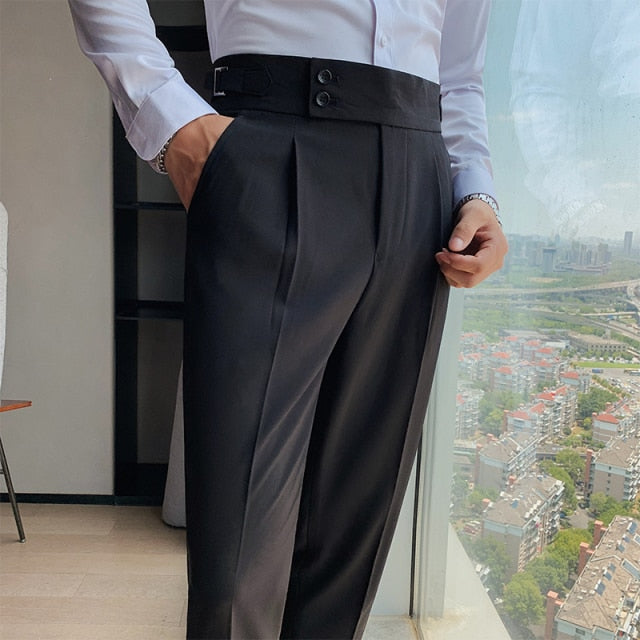 Gotmes   New Design Men High Waist Trousers Solid England Business Casual Suit Pants Belt Straight Slim Fit Bottoms White Clothing