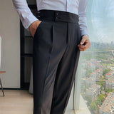 Gotmes   New Design Men High Waist Trousers Solid England Business Casual Suit Pants Belt Straight Slim Fit Bottoms White Clothing