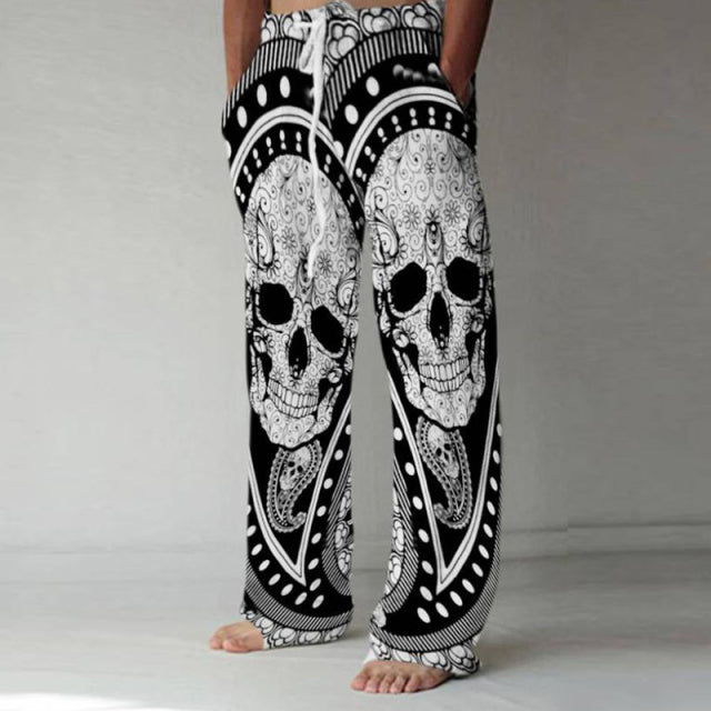 Autumn Vintage Skull Print Loose Straight Pant Men Summer New Fashion Trousers Street Hipster Casual Pants Mens Streetwear