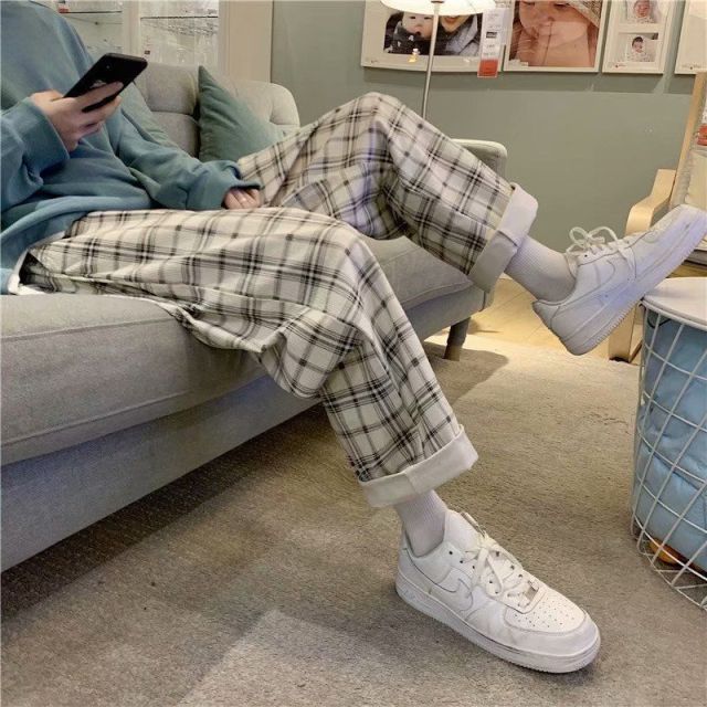 Plaid Men's Casual Pants Sweatpants Loose Large Size Hip Hop Wide Leg Pants Overalls