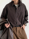 Vintage Lapel Collar Polyester Long Sleeve Striped Shirt, Single Breasted Placket, Regular Fit, Weekend Casual, for Men and Women