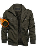[Thick Cotton Retro Hooded Jacket] Men's Winter Casual Jacket Cotton Fabric Thick Stiff Shapely Retro Style Oblique Muscle Texture Hooded Fleece Lined Multi-pockets Knitted Ribbed Cuffs Hem Windproof Warm Outdoor Hiking Runni