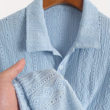 [Brown|Casual] Breathable Brown Men's Knit Shirt | Casual Short Sleeve, Button-Up Collar | Perfect for Golf or Tennis with Eyelet Embroidery