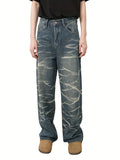 [Casual Blend Denim Pants] Loose Fit Jeans - Men's Casual Blend Striped Denim Pants - Non-Stretch Fabric, Regular Length, Washed Detail, All-Season Wear