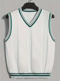 Men's Athletic V-Neck Sweater Vest - Stylish White & Green Ribbed Knit, Breathable & Stretchy, Ideal for Outdoor Activities & Casual Wear - Easy Care