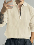 Long Sleeve Polyester Sweatshirt - Men's Casual Knitted Zipper Top - Lapel Collar, Solid Color, Slight Stretch, Half Placket, Loose Fit - 95% Polyester, 5% Spandex - Winter Wear
