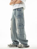 [Wide Leg Hip-hop Denim Pants] Men'S Workwear Jeans Hip-hop Street Dance Party Denim Jogging Pants Street Wide Leg Workwear Pants Straight Tube Loose Slimming Trend Retro Casual Denim Pants