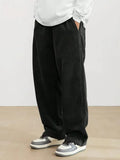 Plus Size Corduroy Pants - Casual Loose-Fit Solid Color Straight-Leg Drawstring Trousers - 100% Breathable Polyester Woven Fabric for Urban Streetwear & Outdoor Activities