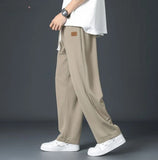 Summer Thin Ice Silk Patch Men's Wide Leg Pants Classic Street Casual Loose Straight Cylinder Waist Drawstring Motion Trousers