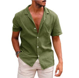Summer New Men's Casual Solid Color Blouse Cotton Linen Short Sleeve Shirt Loose Cardigan Tops Comfy Breathable Beach Male Shirt