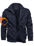 [Thick Cotton Retro Hooded Jacket] Men's Winter Casual Jacket Cotton Fabric Thick Stiff Shapely Retro Style Oblique Muscle Texture Hooded Fleece Lined Multi-pockets Knitted Ribbed Cuffs Hem Windproof Warm Outdoor Hiking Runni