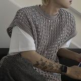 Men'S Fashion Hollow-Out Viscose Tank Top, Solid Color Crew Neck Sleeveless Knit Vest for Casual, Outdoor, Streetwear - Spring/Summer/Fall Season