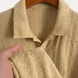 [Brown|Casual] Breathable Brown Men's Knit Shirt | Casual Short Sleeve, Button-Up Collar | Perfect for Golf or Tennis with Eyelet Embroidery