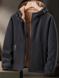 Warm & Cozy Polyester Blend Men's Fleece-Lined Hooded Jacket - Long Sleeve, Regular Fit, Casual Zip-Up Winter Coat with Pockets, Non-Transparent, Machine Washable, Solid Color