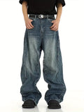 Men's Heavyweight Premium Washed Jeans - Straight-Leg Casual Pants with Curved Hem & Pockets, Machine Washable Polyester Blend for Spring/Fall Casual Attire