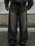 Men's black casual loose half elastic waist straight leg denim pants street dance party cycling all seasons