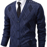 [100% Polyester V-Neck Cardigan] Men'S Casual Fashion V-Neck Cardigan Sweater - 100% Polyester Knit Fabric with Solid Pattern and Button Details, Regular Sleeve, Long Sleeve, Single Breasted Placket, Spring/Fall Season, Night