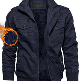 [Thick Cotton Retro Hooded Jacket] Men's Winter Casual Jacket Cotton Fabric Thick Stiff Shapely Retro Style Oblique Muscle Texture Hooded Fleece Lined Multi-pockets Knitted Ribbed Cuffs Hem Windproof Warm Outdoor Hiking Runni