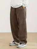 Plus Size Corduroy Pants - Casual Loose-Fit Solid Color Straight-Leg Drawstring Trousers - 100% Breathable Polyester Woven Fabric for Urban Streetwear & Outdoor Activities