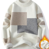 Cozy Thermal Men's Fleece-Lined Knit Sweater - Soft Polyester Blend, Machine Washable, Casual & Trendy Color Block Design - Perfect for Fall & Winter