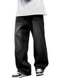 Men's black casual loose half elastic waist straight leg denim pants street dance party cycling all seasons
