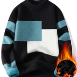 Cozy Thermal Men's Fleece-Lined Knit Sweater - Soft Polyester Blend, Machine Washable, Casual & Trendy Color Block Design - Perfect for Fall & Winter