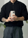 Long Sleeve Polyester Sweatshirt - Men's Casual Knitted Zipper Top - Lapel Collar, Solid Color, Slight Stretch, Half Placket, Loose Fit - 95% Polyester, 5% Spandex - Winter Wear