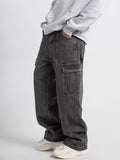 Men's Casual Jeans With Multiple Pockets, Straight Tube, Loose Fit, Slimming And Wide Leg Workwear Jeans, Street Hop, Street Dance, Skateboarding, Denim Pants