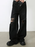 Men's Black Ripped Jeans - Distressed Denim, Loose Fit, Cotton Blend, Casual Streetwear for Skateboarding & Parties