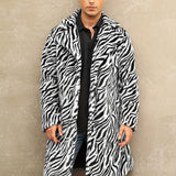 [Long Warm Coat Leopard Pattern] Men's Plush Warm Coat With Leopard/ Zebra Pattern Design, Long Length Trendy Coats For Fall/Winter