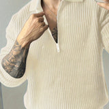 Long Sleeve Polyester Sweatshirt - Men's Casual Knitted Zipper Top - Lapel Collar, Solid Color, Slight Stretch, Half Placket, Loose Fit - 95% Polyester, 5% Spandex - Winter Wear