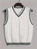 Men's Athletic V-Neck Sweater Vest - Stylish White & Green Ribbed Knit, Breathable & Stretchy, Ideal for Outdoor Activities & Casual Wear - Easy Care