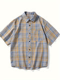 Summer Fashionable Plaid Print Short Sleeve Button Shirt - Men's Casual Lapel Trendy Versatile - Suitable for Dates, Beach Holiday, as Gifts