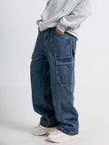 Men's Casual Jeans With Multiple Pockets, Straight Tube, Loose Fit, Slimming And Wide Leg Workwear Jeans, Street Hop, Street Dance, Skateboarding, Denim Pants