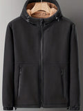 Warm & Cozy Polyester Blend Men's Fleece-Lined Hooded Jacket - Long Sleeve, Regular Fit, Casual Zip-Up Winter Coat with Pockets, Non-Transparent, Machine Washable, Solid Color