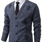 [100% Polyester V-Neck Cardigan] Men'S Casual Fashion V-Neck Cardigan Sweater - 100% Polyester Knit Fabric with Solid Pattern and Button Details, Regular Sleeve, Long Sleeve, Single Breasted Placket, Spring/Fall Season, Night