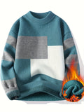 Cozy Thermal Men's Fleece-Lined Knit Sweater - Soft Polyester Blend, Machine Washable, Casual & Trendy Color Block Design - Perfect for Fall & Winter