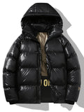 Men'S Winter Hooded Jacket, Casual Solid Color Polyester 100% with Pockets, Regular Fit, Non-Stretch Woven Fabric, Warm Thickened Coat with Polyester Fiber Filling