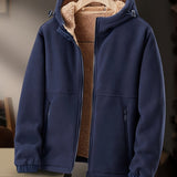 Warm & Cozy Polyester Blend Men's Fleece-Lined Hooded Jacket - Long Sleeve, Regular Fit, Casual Zip-Up Winter Coat with Pockets, Non-Transparent, Machine Washable, Solid Color