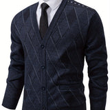 [100% Polyester V-Neck Cardigan] Men'S Casual Fashion V-Neck Cardigan Sweater - 100% Polyester Knit Fabric with Solid Pattern and Button Details, Regular Sleeve, Long Sleeve, Single Breasted Placket, Spring/Fall Season, Night