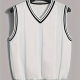 Men's Athletic V-Neck Sweater Vest - Stylish White & Green Ribbed Knit, Breathable & Stretchy, Ideal for Outdoor Activities & Casual Wear - Easy Care