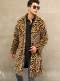[Long Warm Coat Leopard Pattern] Men's Plush Warm Coat With Leopard/ Zebra Pattern Design, Long Length Trendy Coats For Fall/Winter