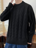 [Warm Crew Neck Cable Sweater] Men's Solid Color All Match Knitted Cable Sweater, Casual Warm Slightly Flex Crew Neck Pullover For Men For Fall And Winter