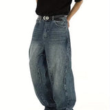 Men's Heavyweight Premium Washed Jeans - Straight-Leg Casual Pants with Curved Hem & Pockets, Machine Washable Polyester Blend for Spring/Fall Casual Attire
